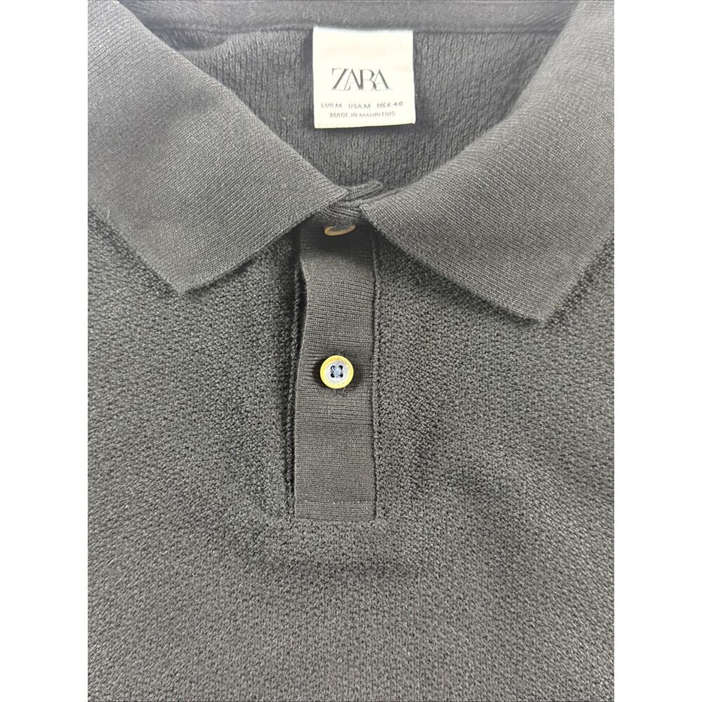 Zara Textured Knit Polo 100% Cotton Size Medium Black - Picture 4 of 7